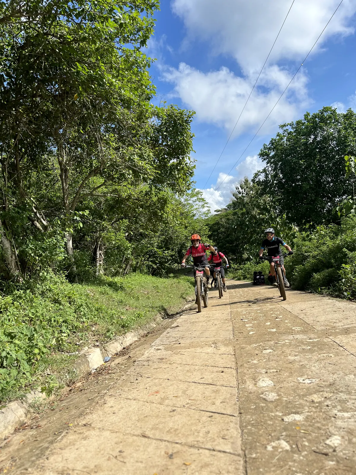 Ciclistas avanzando en un camino rural rodeado de árboles.
